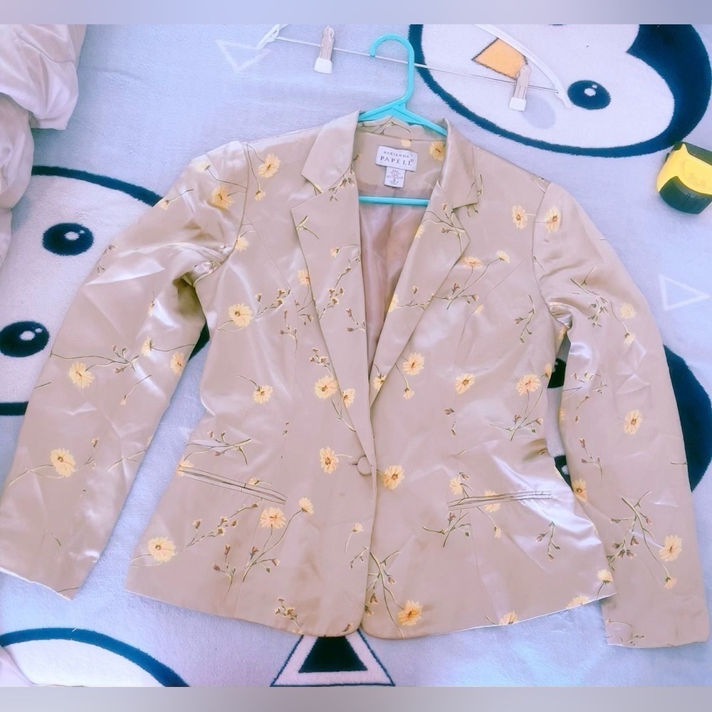 Vintage ADRIANA PAPELL 100% Silk shimmer beige floral print jacket Blazer Size 8
